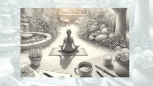 Bleistiftzeichnung frau sitzend in netter umgebung sorgt fuer sich mit meditation