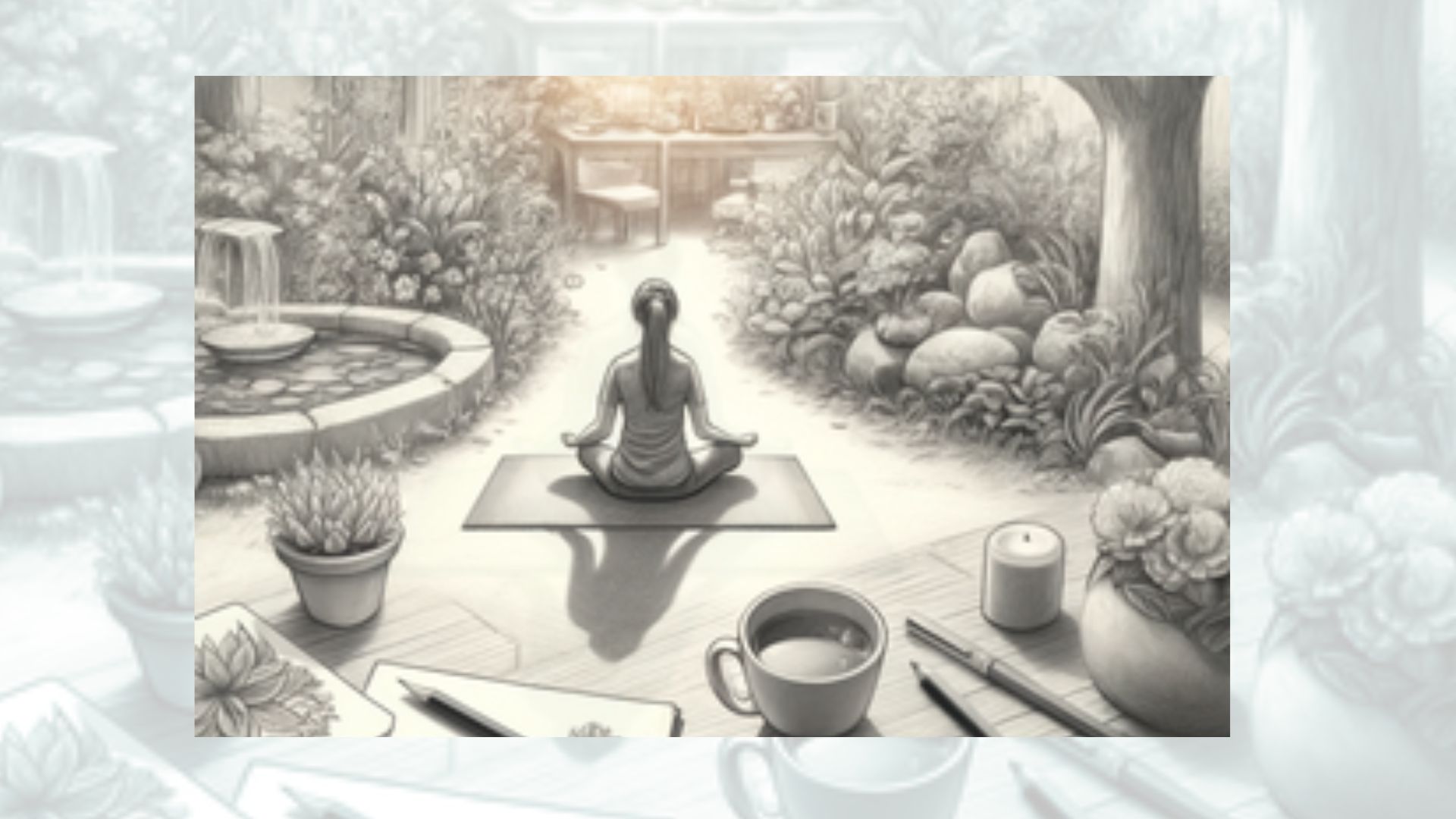 Bleistiftzeichnung frau sitzend in netter umgebung sorgt fuer sich mit meditation