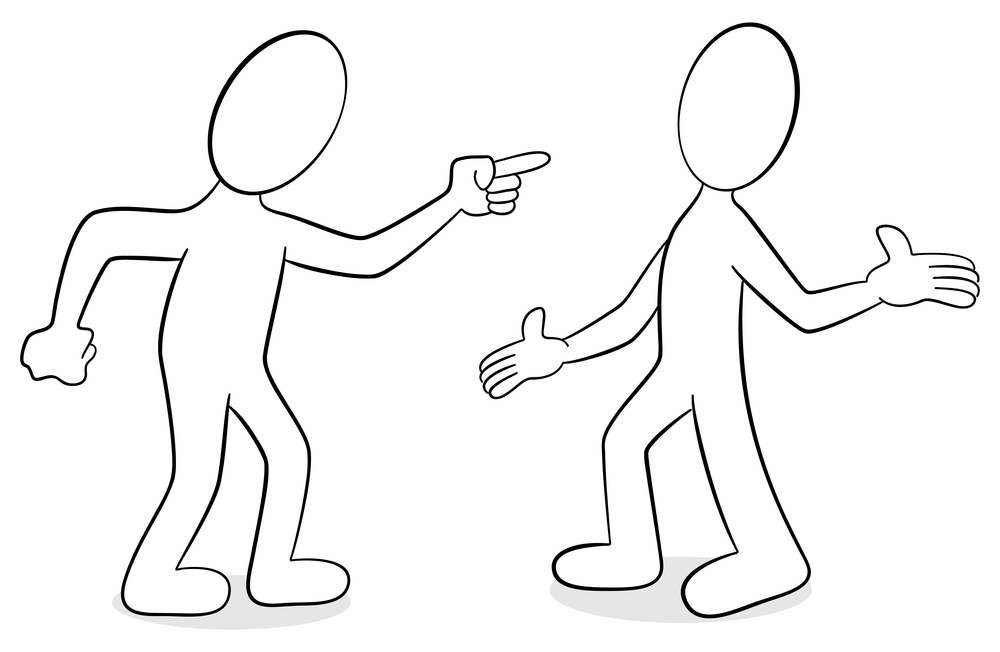 zwei strichmaennchen einer zeigend, einer geöffnet